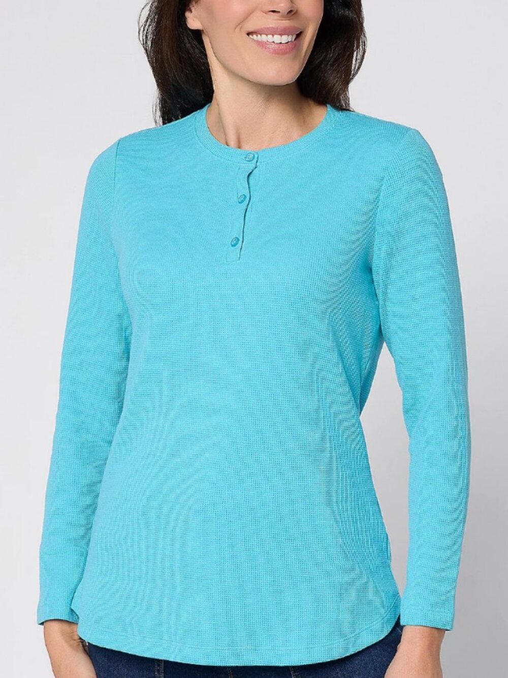 Denim & Co. Essentials Waffle Knit Henley Top, blue Sz S a677464